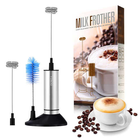Handheld Milk Frother with Pedestal, Clean Brush, Stainless Steel, Perfect for Cappuccinos, Bulletproof Coffee, Latte